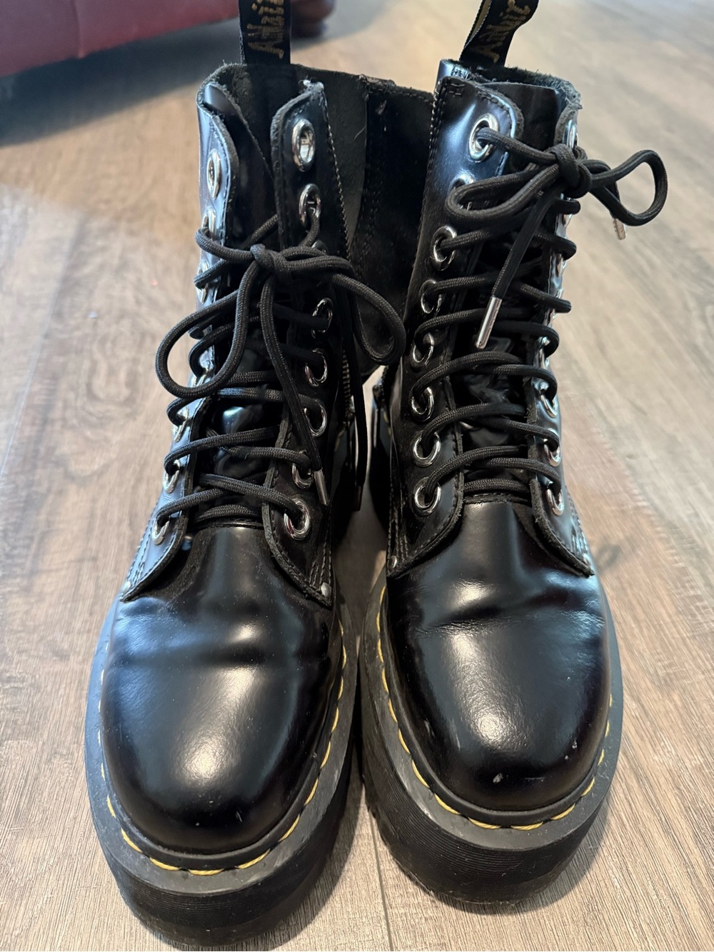 Dr. Martens Black Leather Lace-Up Boots with Yellow Stitching